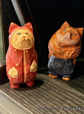复古做旧手工木雕猫咪摆件木质雕刻治愈系创意室内桌面装饰工艺品