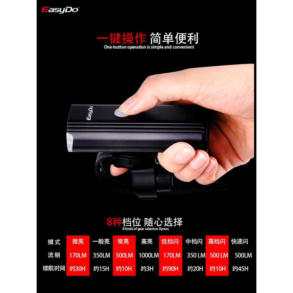 Easydo bicycle headlight, strong light, high brightness, rechargeable night riding light, anti-heavy rain rechargeable emergency flashlight