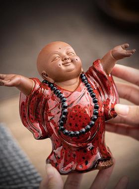 禅意小和尚沙弥陶瓷佛系人物摆件中式客厅玄关桌面博古架装饰摆设