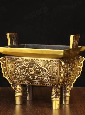 纯黄铜双龙盛字鼎四足方鼎摆件财富宝鼎盛千秋香炉铜二龙戏珠盛鼎