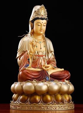 纯铜彩绘观音菩萨家拜坐莲观音佛像观音神话三圣铜像饰品