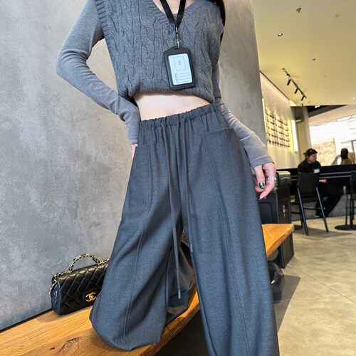 灰色西装阔腿裤女2026春夏高腰休闲抽绳弯刀裤垂坠感酷飒风直筒裤 - 图1