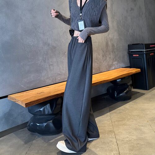 灰色西装阔腿裤女2026春夏高腰休闲抽绳弯刀裤垂坠感酷飒风直筒裤 - 图0