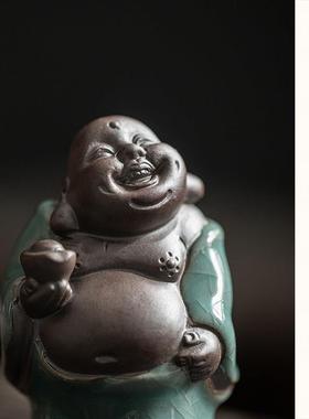 中式陶瓷哥窑茶宠花宠摆件茶玩茶盘茶道花盆园艺装饰品笑佛小弥勒