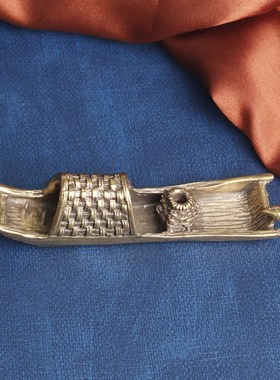 复古典藏国风艺术黄铜摆件古法手工匠作乌篷船渔家香插桌面茶宠文