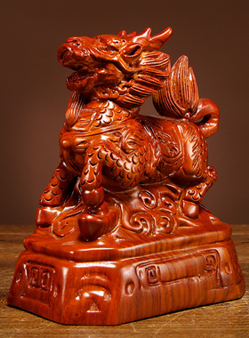 花梨木雕麒麟摆件实木质一对雕刻麒麟工艺品家居客厅玄关装饰摆设