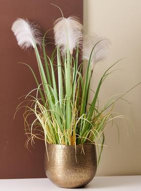 覆古铝制进口锤纹金色花盆摆件轻奢样板间酒店客厅花瓶花器装饰品