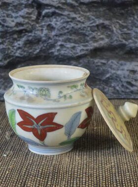 复古彩叶纹化格做旧风斗 古董古玩成 摆件仿古瓷器红明 茶叶罐