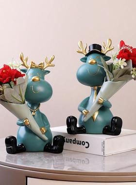 创意情侣鹿插花摆件客厅仿真花电视柜玄关柜摆设餐边柜酒柜装饰品