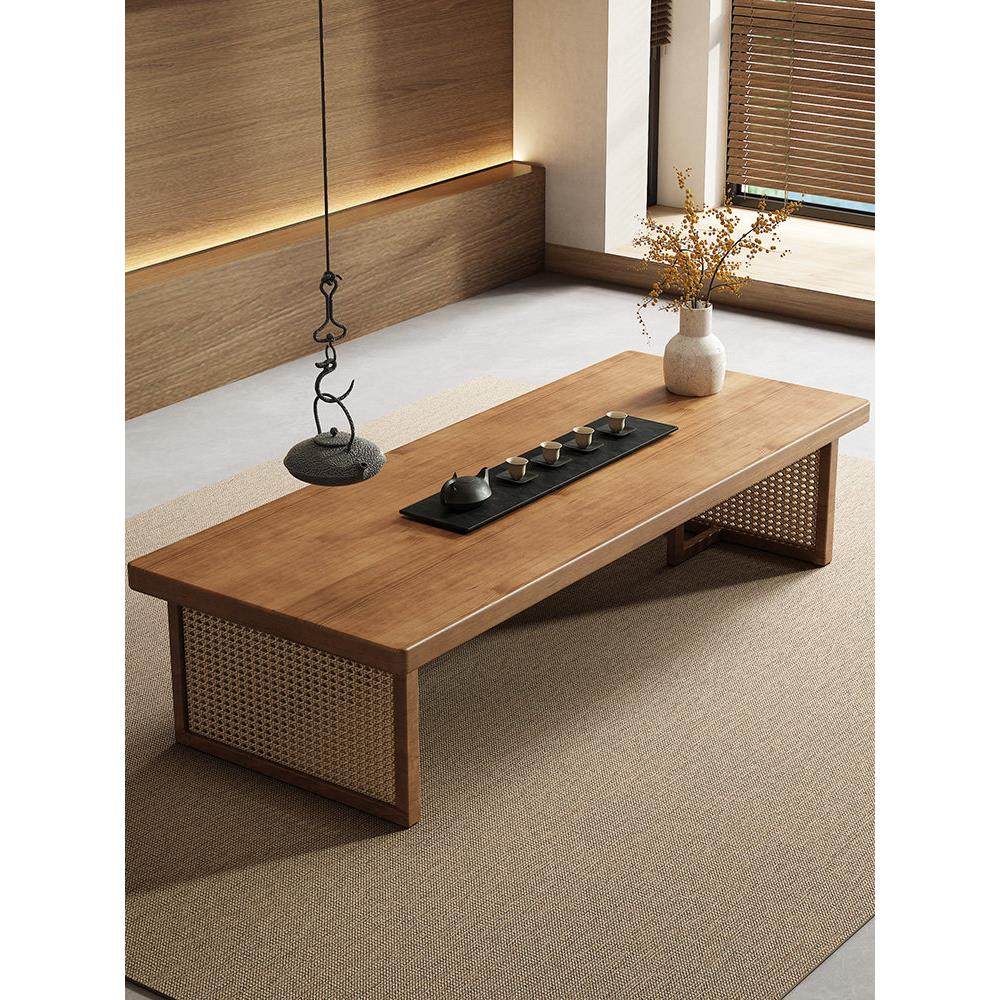 侘寂风实木藤编茶桌椅简约家用小户型茶几黑色实木长方形茶桌茶台,淘宝优惠券,粉丝福利购,淘宝优惠卷