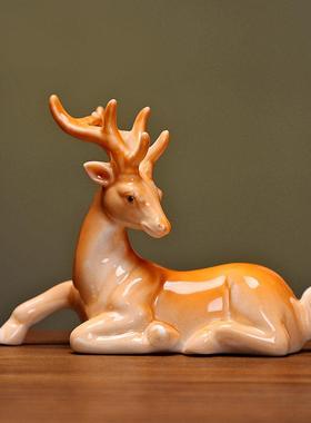 陶瓷小动物摆件孔雀鹿仙鹤茶桌玄关摆件水族陶瓷小工艺品