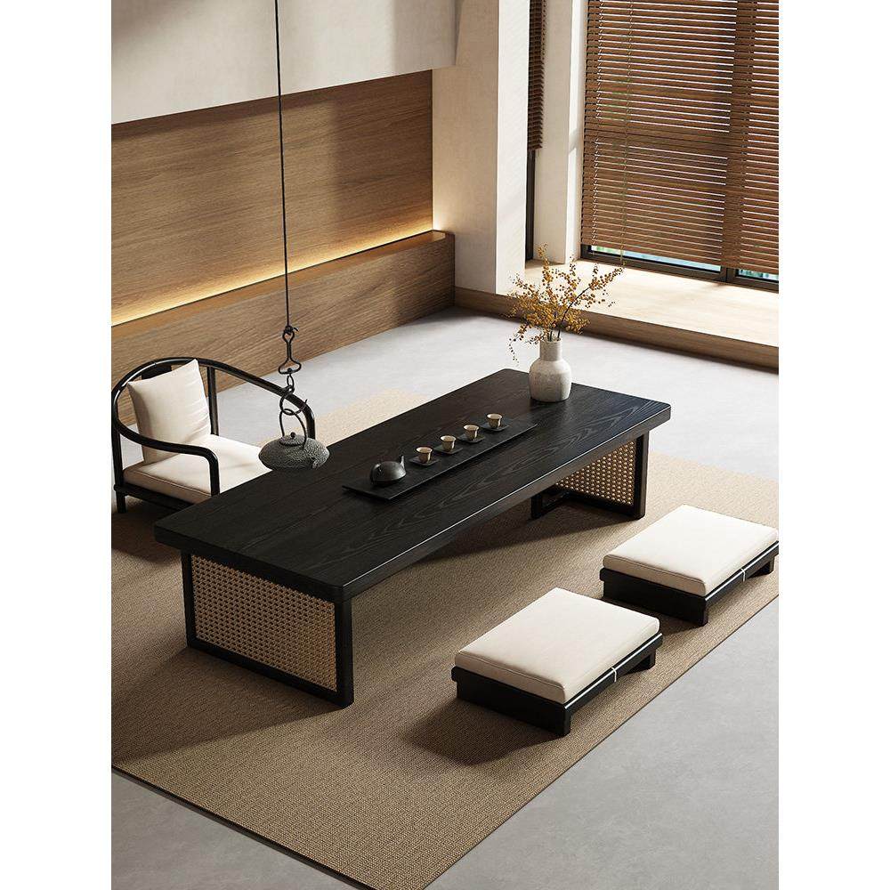 侘寂风实木藤编茶桌椅简约家用小户型茶几黑色实木长方形茶桌茶台,淘宝优惠券,粉丝福利购,淘宝优惠卷