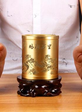 大号铜实心笔筒摆件配木底座办公桌摆件铜笔筒摆件