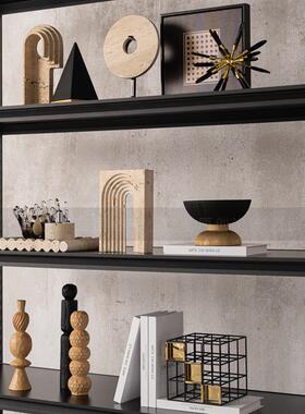 侘寂风黑金黄洞石艺术品摆件客厅酒柜现代样板间开放格高级感软装