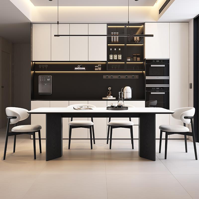 实木小户型意式极简白色岩板长方形餐桌椅组合家用现代简约饭桌子 - 图1