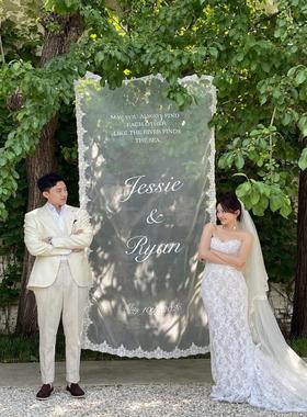 定制带字蕾丝纱背景挂布迎宾牌订婚礼拍照道具打卡点网红装饰布置