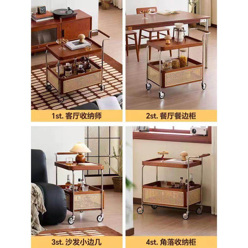 中古实木边几可移动小户型高级藤编极简复古侘寂风沙发茶几小推车,淘宝优惠券,粉丝福利购,淘宝优惠卷