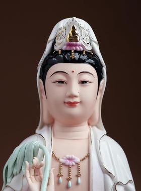 七珍陶瓷坐莲观音菩萨佛像客厅家用供奉彩绘南海观世音菩萨像摆件