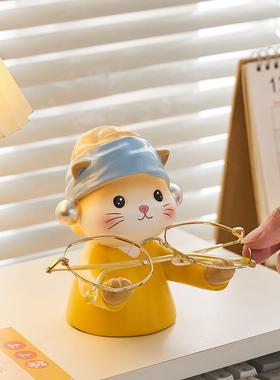 珍珠猫眼镜收纳层架摆件办公室桌面装饰品工位笔托 讬可爱治愈创