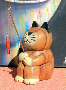 泰国实木创意东南亚风格小猫钓鱼木雕家居客厅花架小猫咪摆件