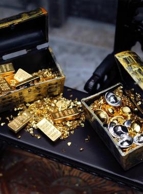 微景观创意复古美金币金条海盗宝藏元宝宝箱娃娃屋迷你模型摆件