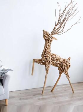 木制大鹿雕塑落地式夜光窗饰民宿手工景区开幕礼家新春装饰