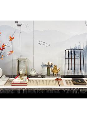 新中式书桌组合摆件样板房书房笔架茶具砚台画卷装饰