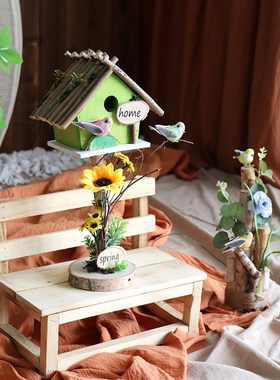 森系鸟房子桦木装饰幼儿园微景观园造景拍摄道具创意纯手工
