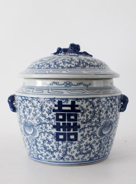 手绘喜字陶瓷青瓷复古茶叶罐插仿古中式客厅博古架装饰