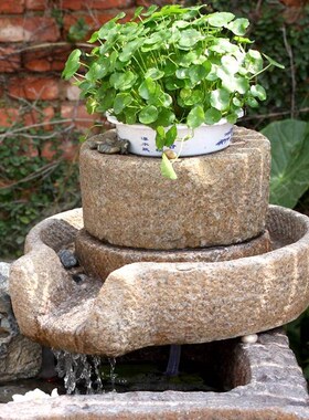 石磨流水假山石块磨盘景观装饰阳台庭院园石磨流水造景