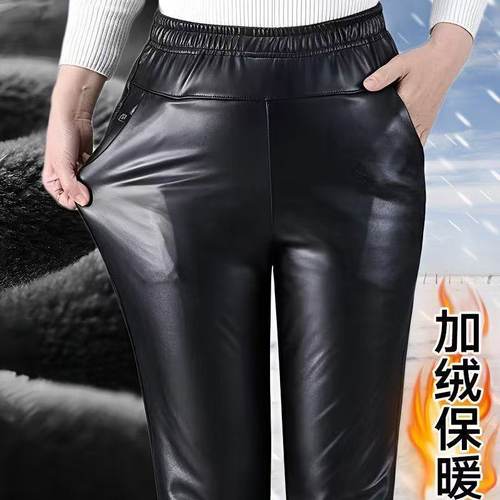 皮裤女士中老年冬款高腰直筒宽松大码加绒加厚春秋防水妈妈工作裤 - 图1