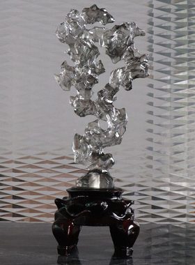 现代新中式透明假山太湖石头摆件木底座禅意玄关样板房软装摆设品