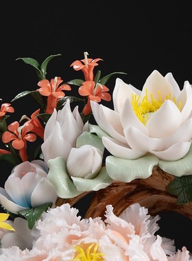 东方泥土可定制中式手工百花争艳摆件客厅玄关酒店高档会所装饰品
