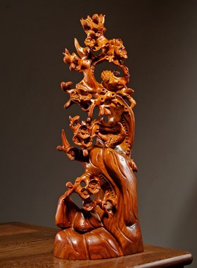 花梨实木雕喜上眉梢梅花喜鹊摆件红木家居客厅装饰乔迁送礼工艺品