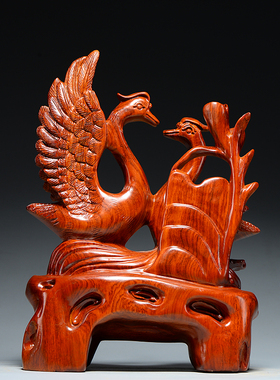 花梨木雕百年好合天鹅摆件家居客厅电视柜寓意摆设装饰结婚送礼品