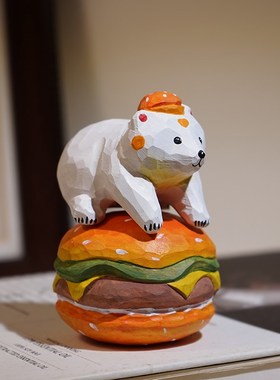 汉堡熊手工木雕小摆件卡通可爱治愈系稳定情绪办公室书桌面装饰品