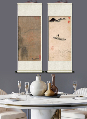 泛舟柳塘图装饰画名家仿古字画画吴镇人物图丝绸卷轴画山水画