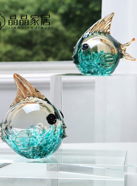 晶晶家居手工水晶玻璃工艺品样板房酒店混彩亲嘴鱼小摆件套装饰品