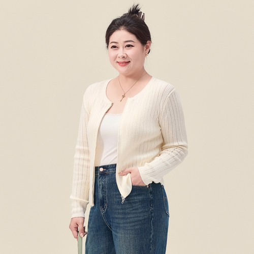 迅町秋季新款2025秋季修身女士微胖大码羊毛针织圆领开衫显瘦穿搭 - 图1