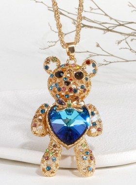 女可活动镶钻可爱小熊水晶项链