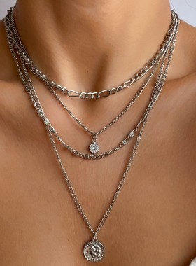 锁骨链女多层人像钱币项链配饰品