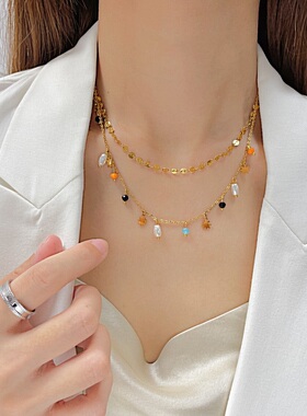 双层叠戴项链女彩色锁骨链颈链