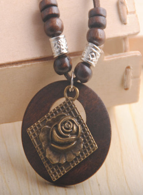 复古木质吊坠长款皮质项链挂件女