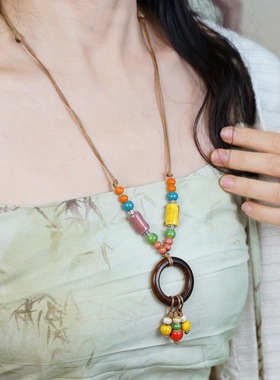 新中式彩色陶瓷吊坠蜡绳毛衣链女