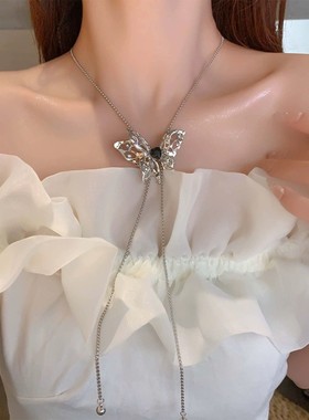 钛钢蛇骨链女蝴蝶毛衣链长款项链
