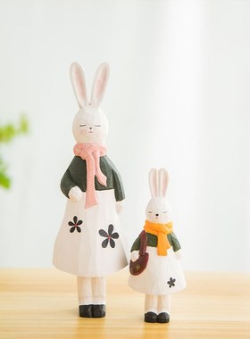 手工木雕公主兔创意摆件家居客厅桌面摆设装饰可爱小兔子工艺品
