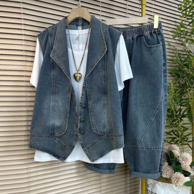 加肥大码女装翻领牛仔马甲长裤休闲两件套胖妹妹短袖白色T恤衫潮,淘宝优惠券,粉丝福利购,淘宝优惠卷