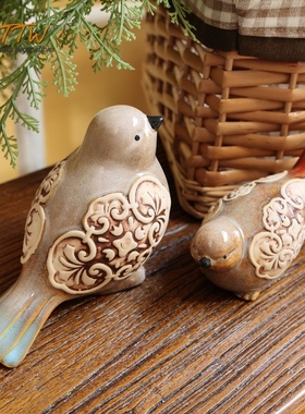 陶瓷花纹对鸟摆件 复古欧式中式怀旧花园庭院别墅桌面装饰礼品