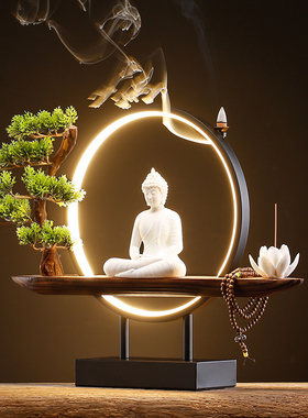 新中式禅意如来摆件家居客厅玄关桌面创意灯圈样板房软装饰品摆设