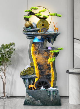 中式流水生财喷泉循环水鱼缸办公室玄关假山景观装饰业落地